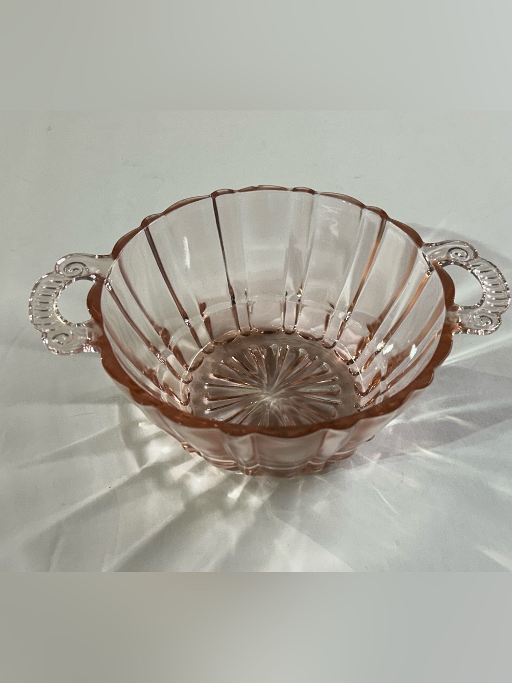 Anchor Hocking Bowl Old Cafe Pink Depression Glass Clear Handles Vintage